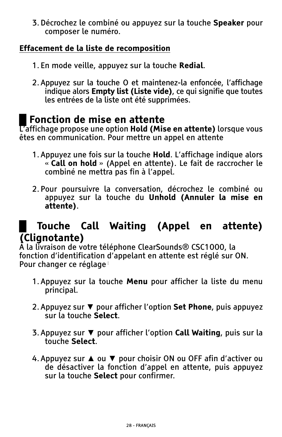 Ű fonction de mise en attente | ClearSounds AMPLIFIED FREEDOM PHONE WITH FULL CLEARDIGITAL POWER CSC1000 User Manual | Page 148 / 180