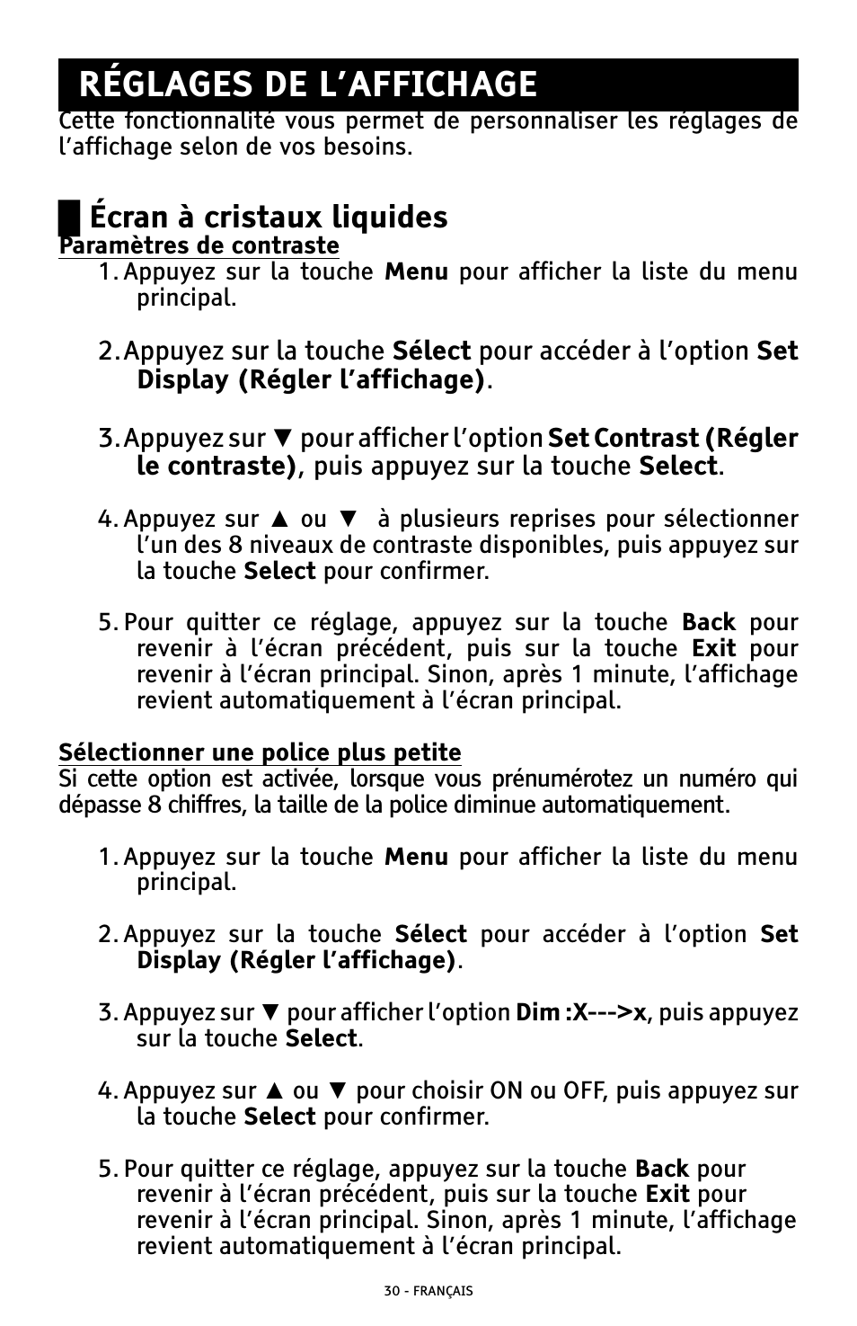 Réglages de l’affichage, Ű écran à cristaux liquides | ClearSounds AMPLIFIED FREEDOM PHONE WITH FULL CLEARDIGITAL POWER CSC1000 User Manual | Page 150 / 180