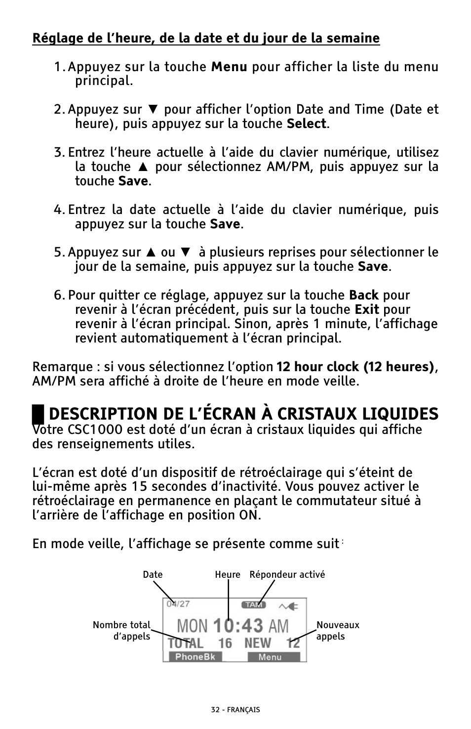 Ű description de l’écran à cristaux liquides | ClearSounds AMPLIFIED FREEDOM PHONE WITH FULL CLEARDIGITAL POWER CSC1000 User Manual | Page 152 / 180