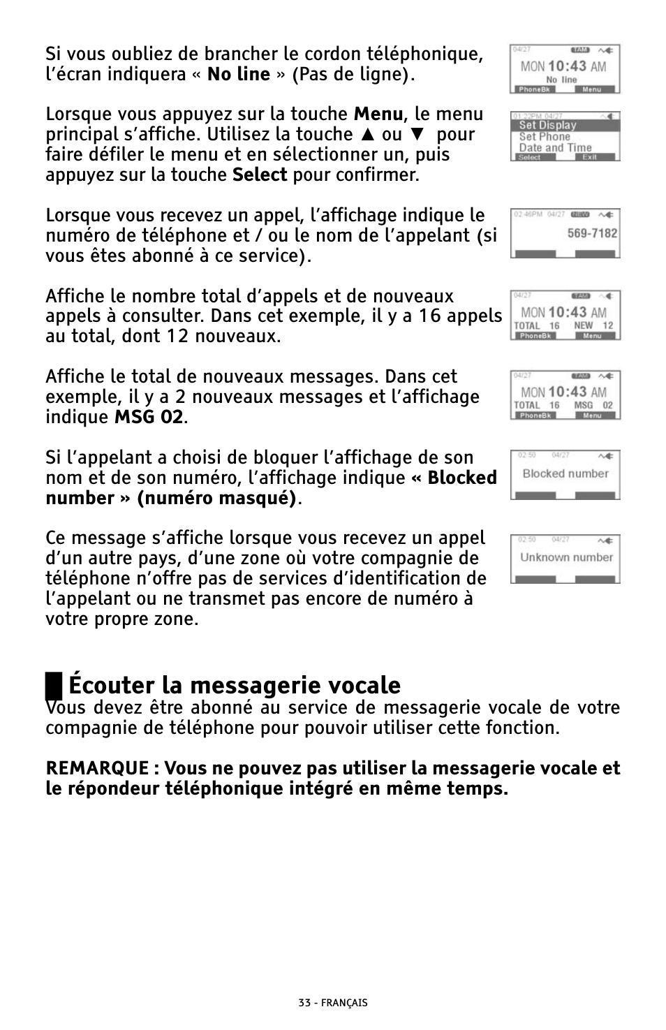 Űécouter la messagerie vocale | ClearSounds AMPLIFIED FREEDOM PHONE WITH FULL CLEARDIGITAL POWER CSC1000 User Manual | Page 153 / 180