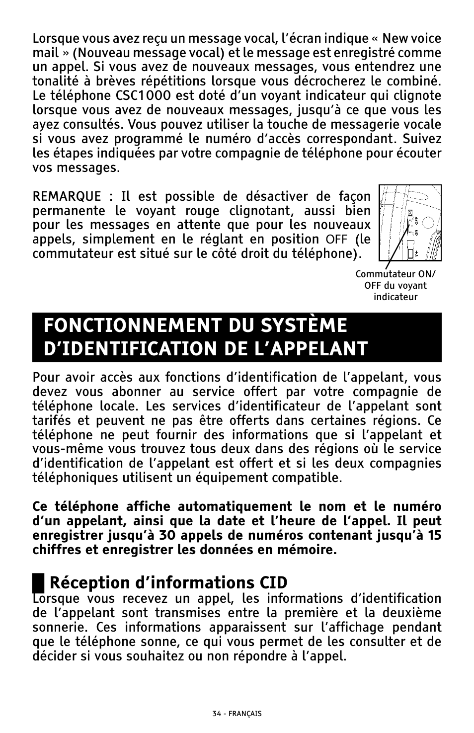 Ű réception d’informations cid | ClearSounds AMPLIFIED FREEDOM PHONE WITH FULL CLEARDIGITAL POWER CSC1000 User Manual | Page 154 / 180