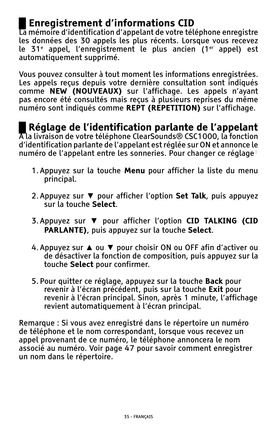 Ű enregistrement d’informations cid | ClearSounds AMPLIFIED FREEDOM PHONE WITH FULL CLEARDIGITAL POWER CSC1000 User Manual | Page 155 / 180