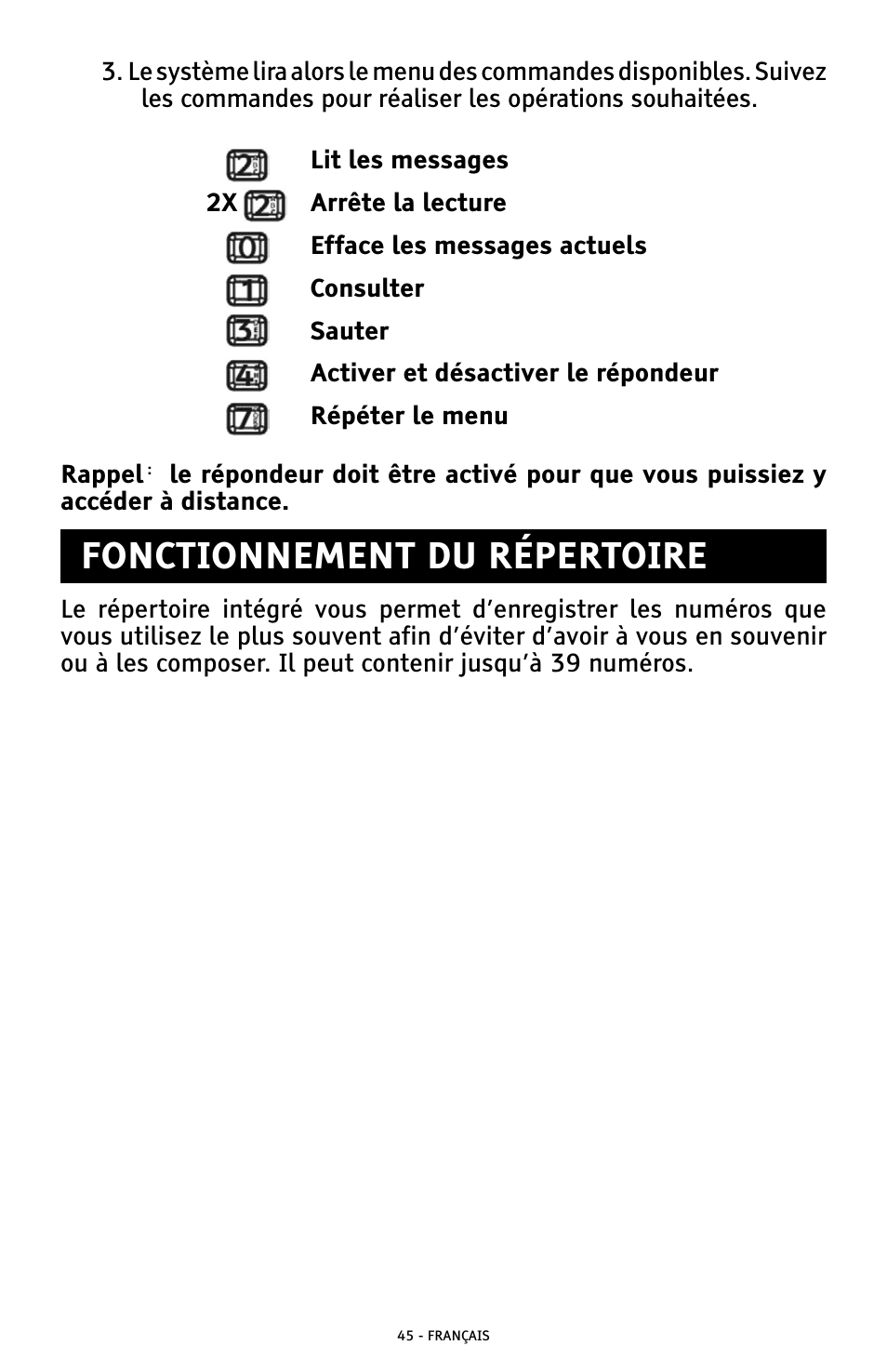 Fonctionnement du répertoire | ClearSounds AMPLIFIED FREEDOM PHONE WITH FULL CLEARDIGITAL POWER CSC1000 User Manual | Page 165 / 180