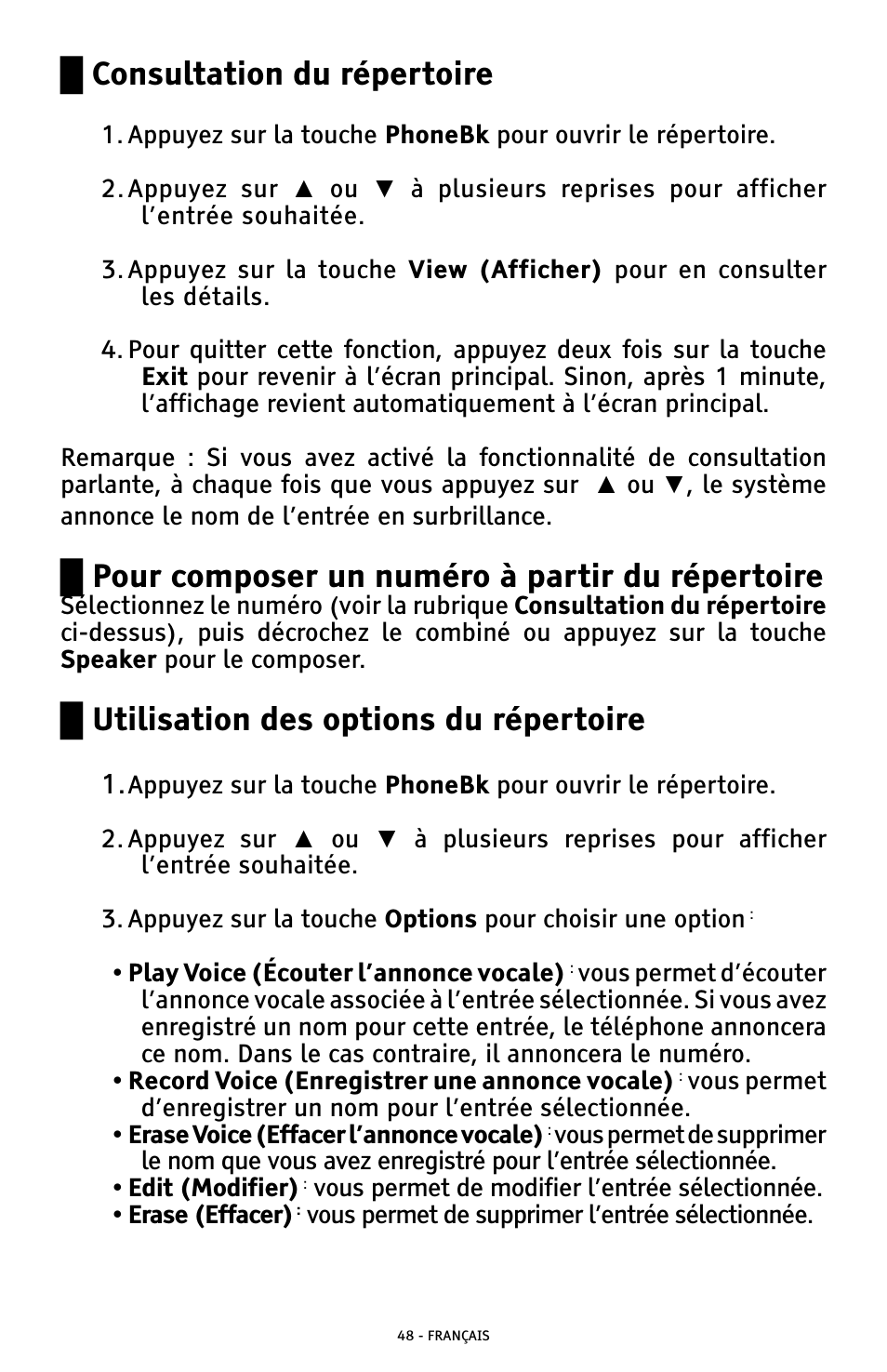 Ű consultation du répertoire, Ű pour composer un numéro à partir du répertoire, Ű utilisation des options du répertoire | ClearSounds AMPLIFIED FREEDOM PHONE WITH FULL CLEARDIGITAL POWER CSC1000 User Manual | Page 168 / 180