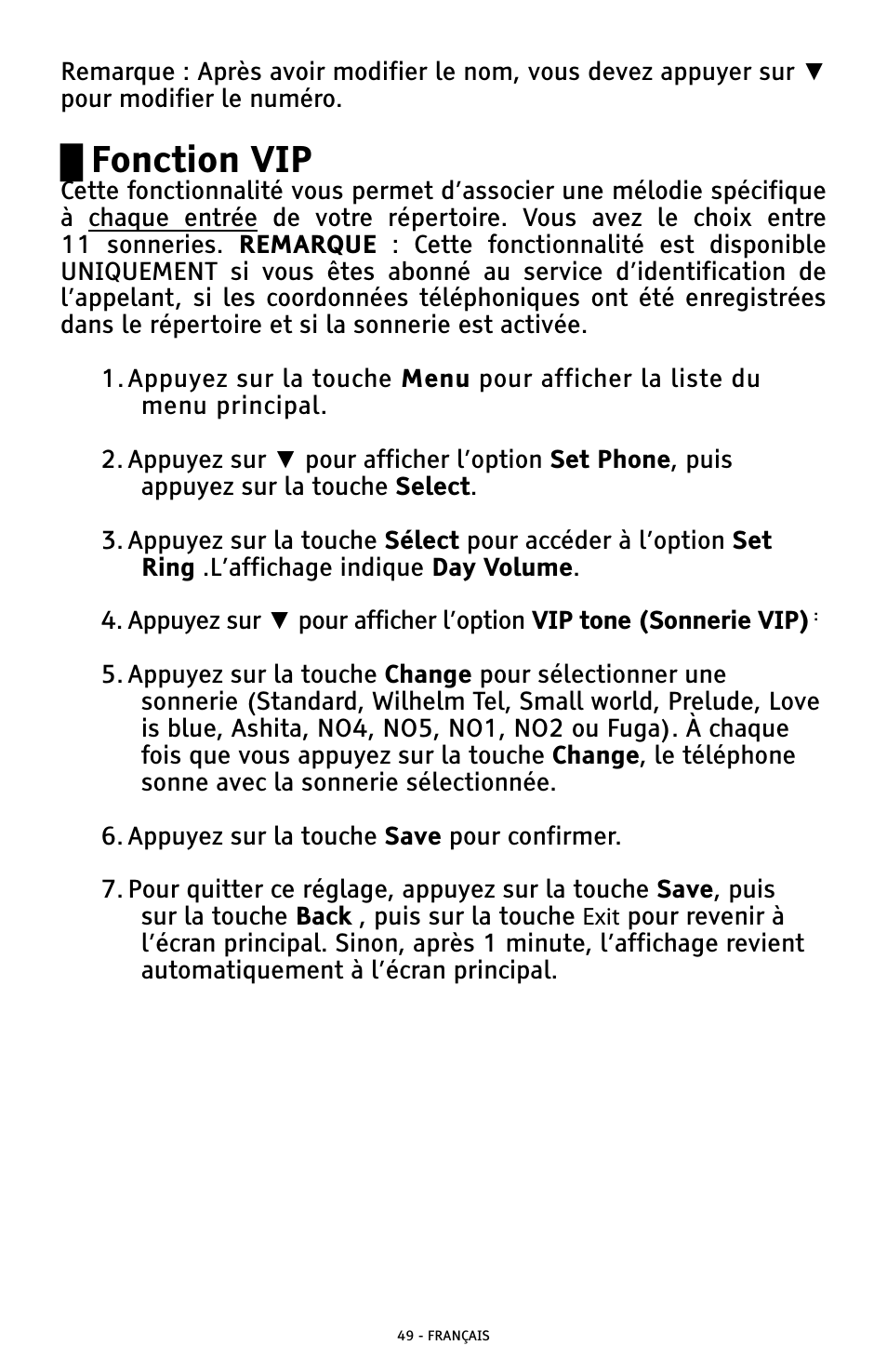 Fonction vip | ClearSounds AMPLIFIED FREEDOM PHONE WITH FULL CLEARDIGITAL POWER CSC1000 User Manual | Page 169 / 180