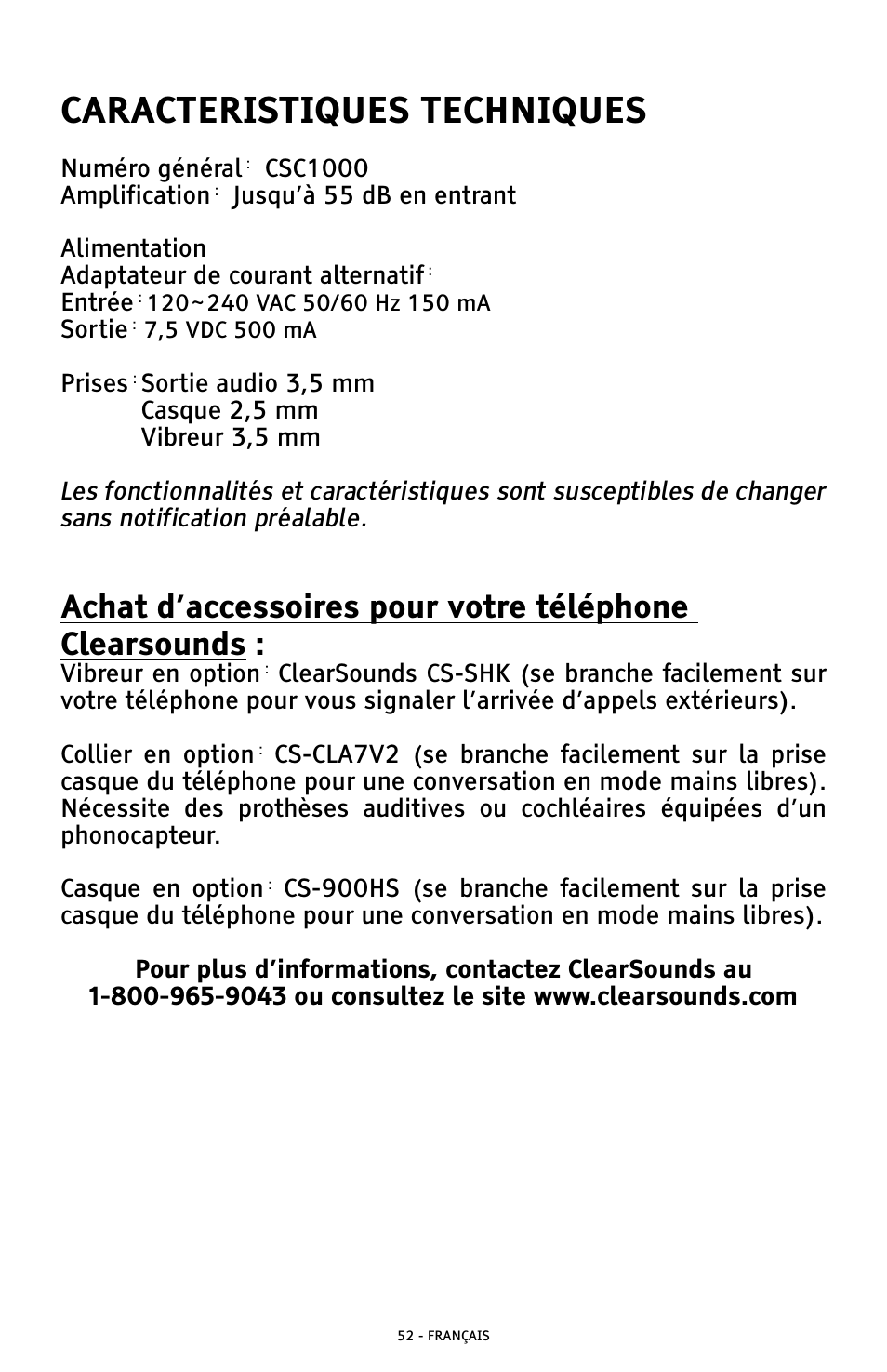 Caracteristiques techniques | ClearSounds AMPLIFIED FREEDOM PHONE WITH FULL CLEARDIGITAL POWER CSC1000 User Manual | Page 172 / 180