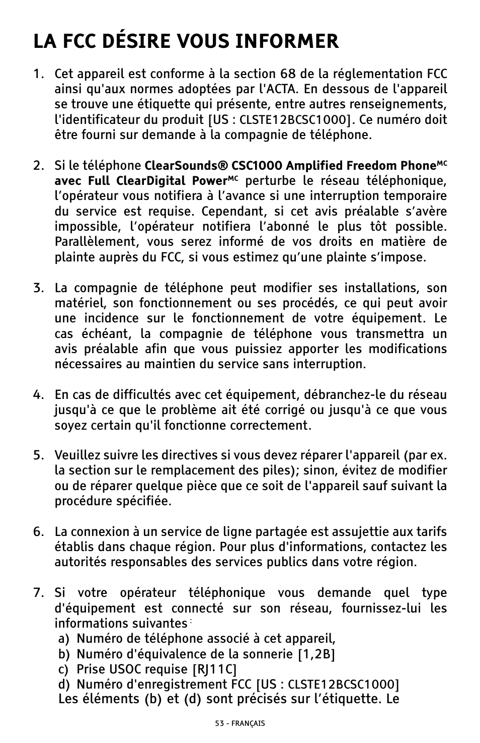 La fcc désire vous informer | ClearSounds AMPLIFIED FREEDOM PHONE WITH FULL CLEARDIGITAL POWER CSC1000 User Manual | Page 173 / 180