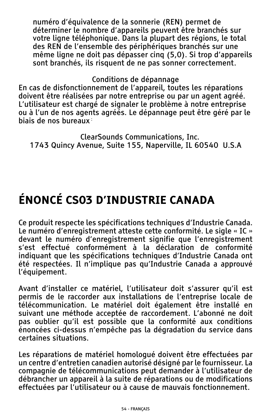 Énoncé cs03 d’industrie canada | ClearSounds AMPLIFIED FREEDOM PHONE WITH FULL CLEARDIGITAL POWER CSC1000 User Manual | Page 174 / 180