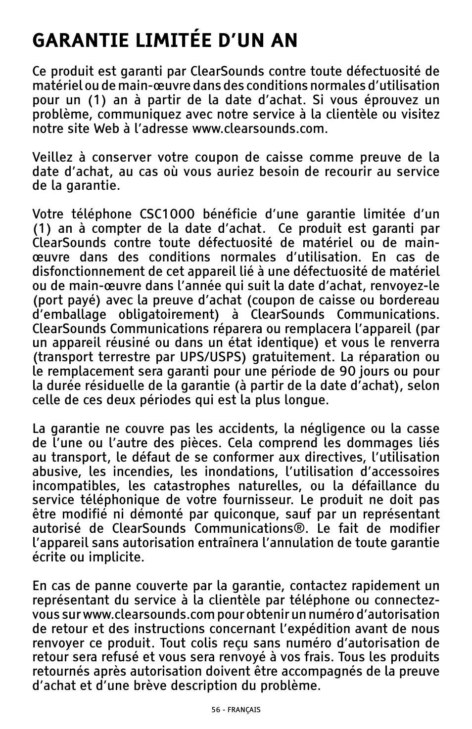 Garantie limitée d’un an | ClearSounds AMPLIFIED FREEDOM PHONE WITH FULL CLEARDIGITAL POWER CSC1000 User Manual | Page 176 / 180