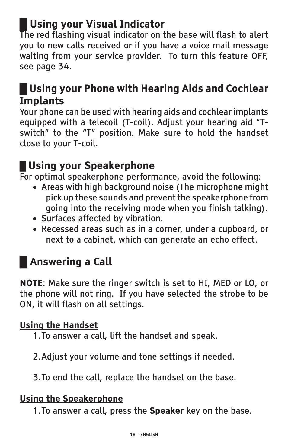 Using your visual indicator, Using your speakerphone, Answering a call | ClearSounds AMPLIFIED FREEDOM PHONE WITH FULL CLEARDIGITAL POWER CSC1000 User Manual | Page 18 / 180