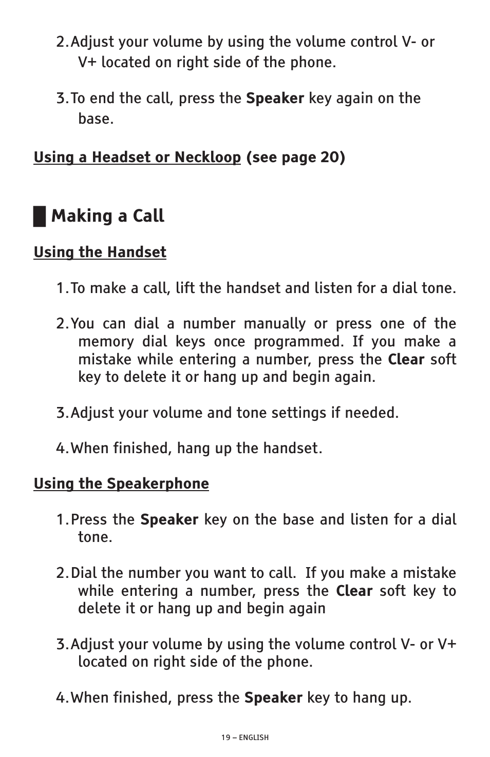Making a call | ClearSounds AMPLIFIED FREEDOM PHONE WITH FULL CLEARDIGITAL POWER CSC1000 User Manual | Page 19 / 180