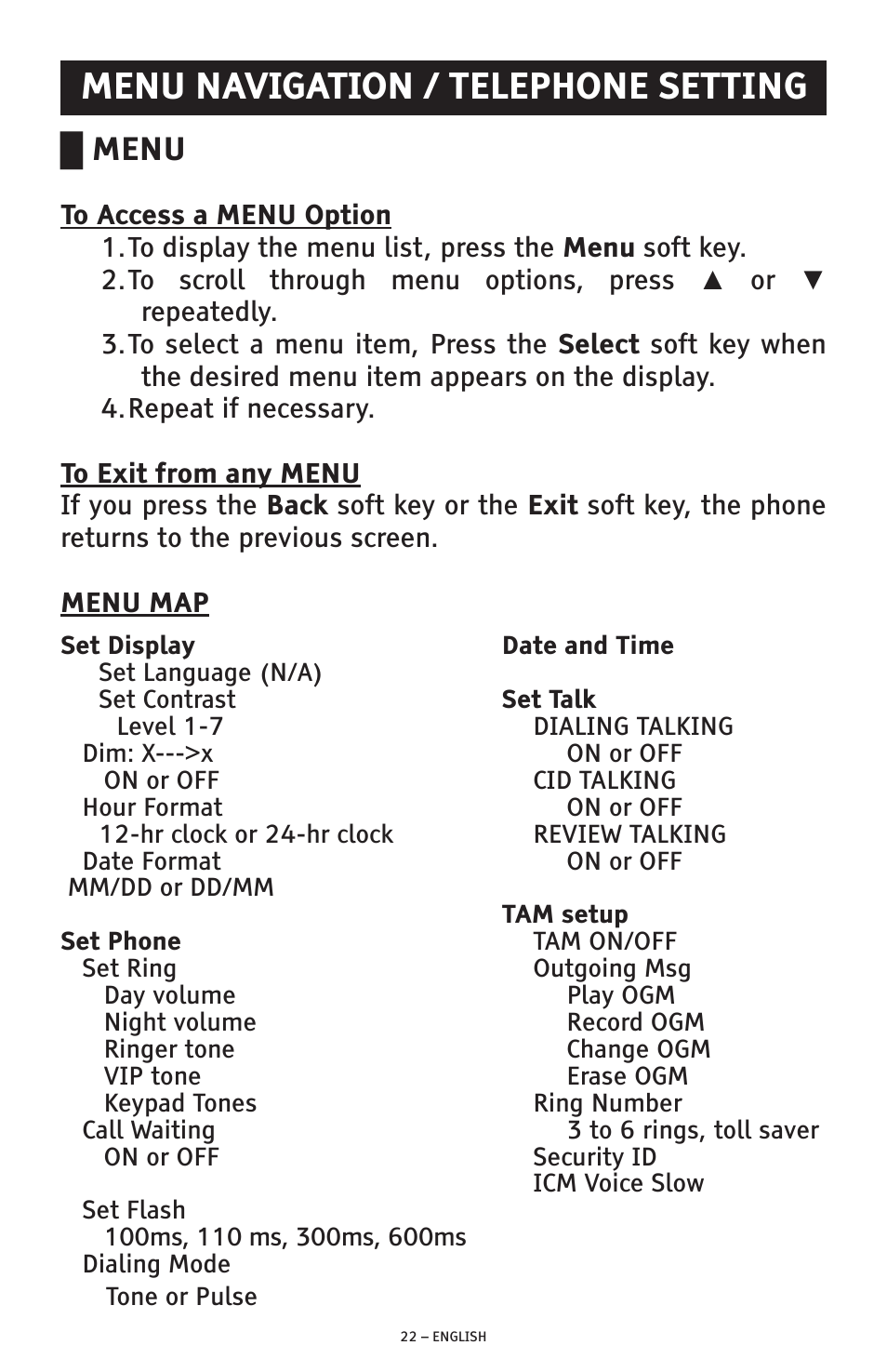 Menu navigation / telephone setting, Menu | ClearSounds AMPLIFIED FREEDOM PHONE WITH FULL CLEARDIGITAL POWER CSC1000 User Manual | Page 22 / 180