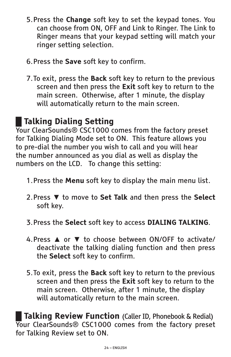 Talking dialing setting, Talking review function | ClearSounds AMPLIFIED FREEDOM PHONE WITH FULL CLEARDIGITAL POWER CSC1000 User Manual | Page 24 / 180