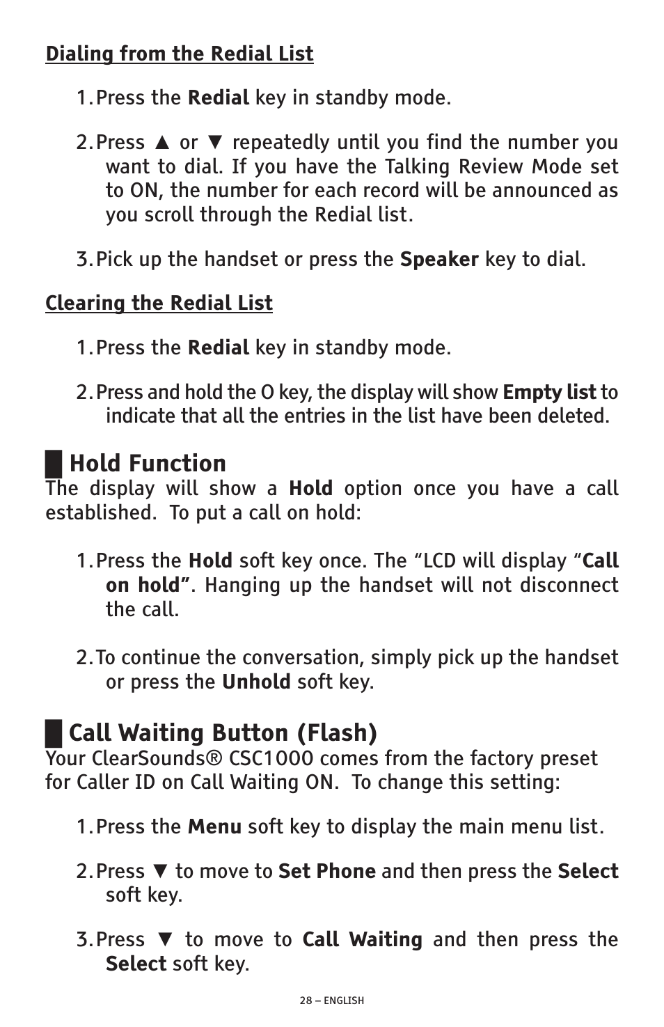 Hold function, Call waiting button (flash) | ClearSounds AMPLIFIED FREEDOM PHONE WITH FULL CLEARDIGITAL POWER CSC1000 User Manual | Page 28 / 180