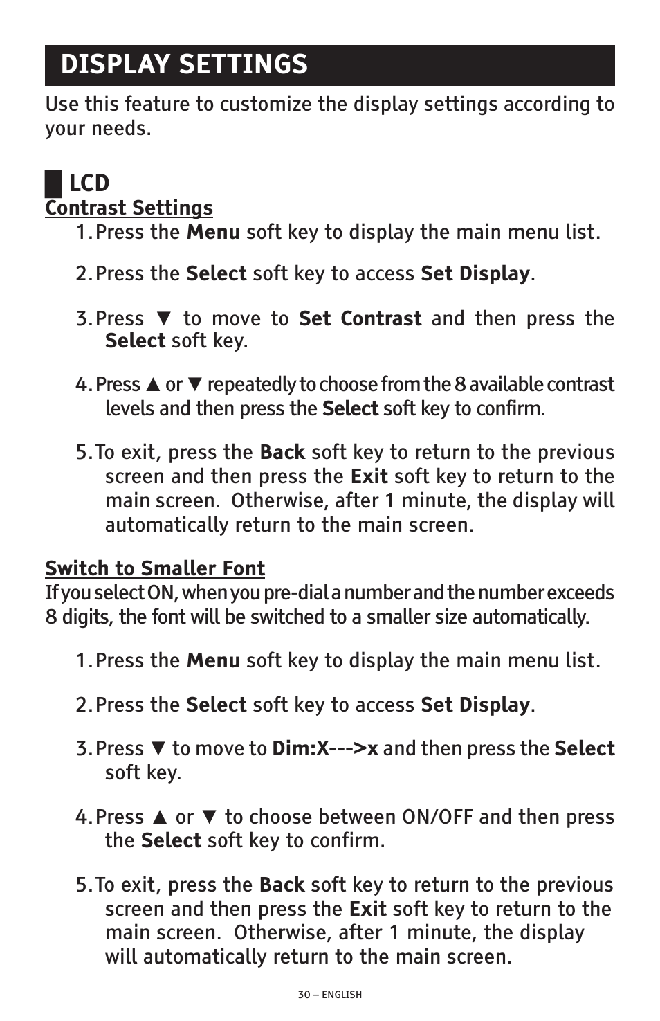 Display settings | ClearSounds AMPLIFIED FREEDOM PHONE WITH FULL CLEARDIGITAL POWER CSC1000 User Manual | Page 30 / 180