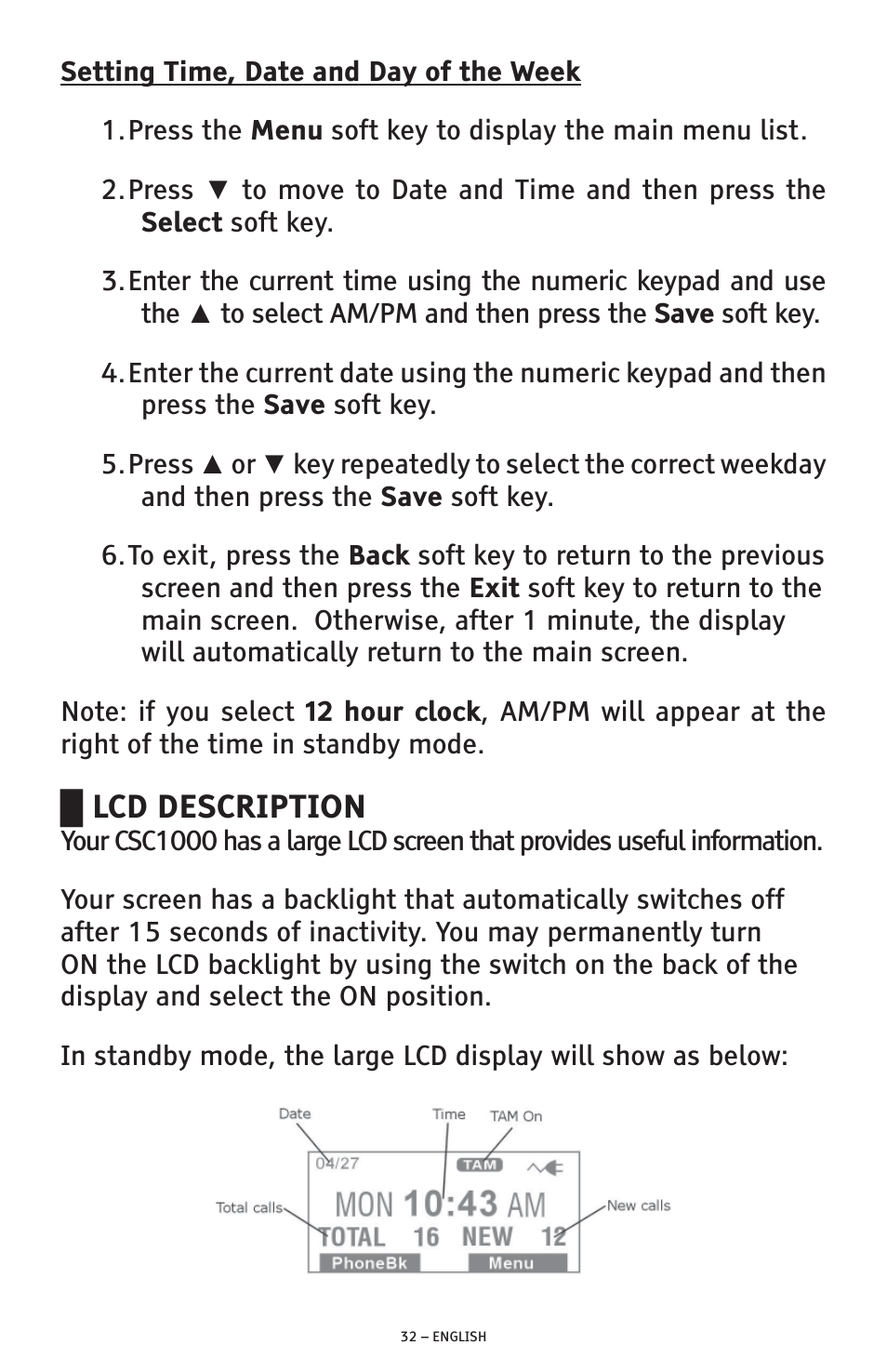 Lcd description | ClearSounds AMPLIFIED FREEDOM PHONE WITH FULL CLEARDIGITAL POWER CSC1000 User Manual | Page 32 / 180