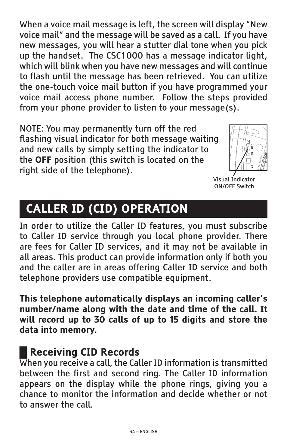 Caller id (cid) operation, Receiving cid records | ClearSounds AMPLIFIED FREEDOM PHONE WITH FULL CLEARDIGITAL POWER CSC1000 User Manual | Page 34 / 180