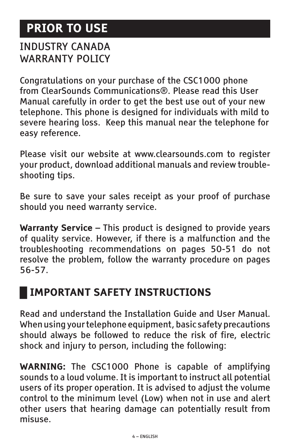 Prior to use, Industry canada warranty policy, Important safety instructions | ClearSounds AMPLIFIED FREEDOM PHONE WITH FULL CLEARDIGITAL POWER CSC1000 User Manual | Page 4 / 180