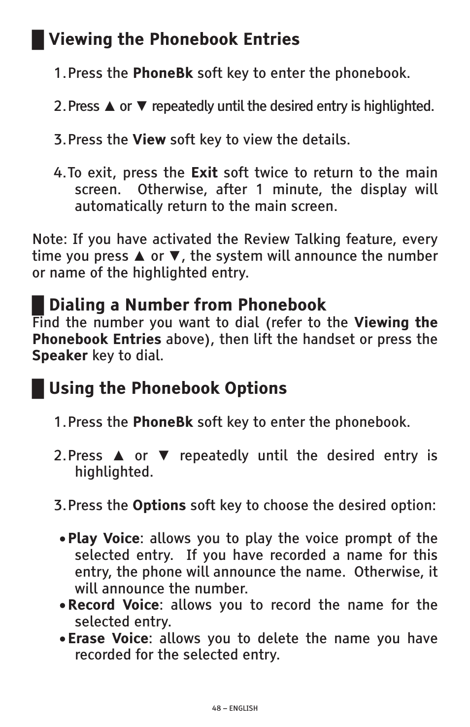 Viewing the phonebook entries, Dialing a number from phonebook, Using the phonebook options | ClearSounds AMPLIFIED FREEDOM PHONE WITH FULL CLEARDIGITAL POWER CSC1000 User Manual | Page 48 / 180