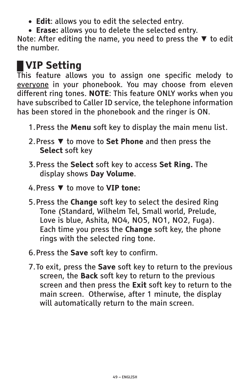 Vip setting | ClearSounds AMPLIFIED FREEDOM PHONE WITH FULL CLEARDIGITAL POWER CSC1000 User Manual | Page 49 / 180