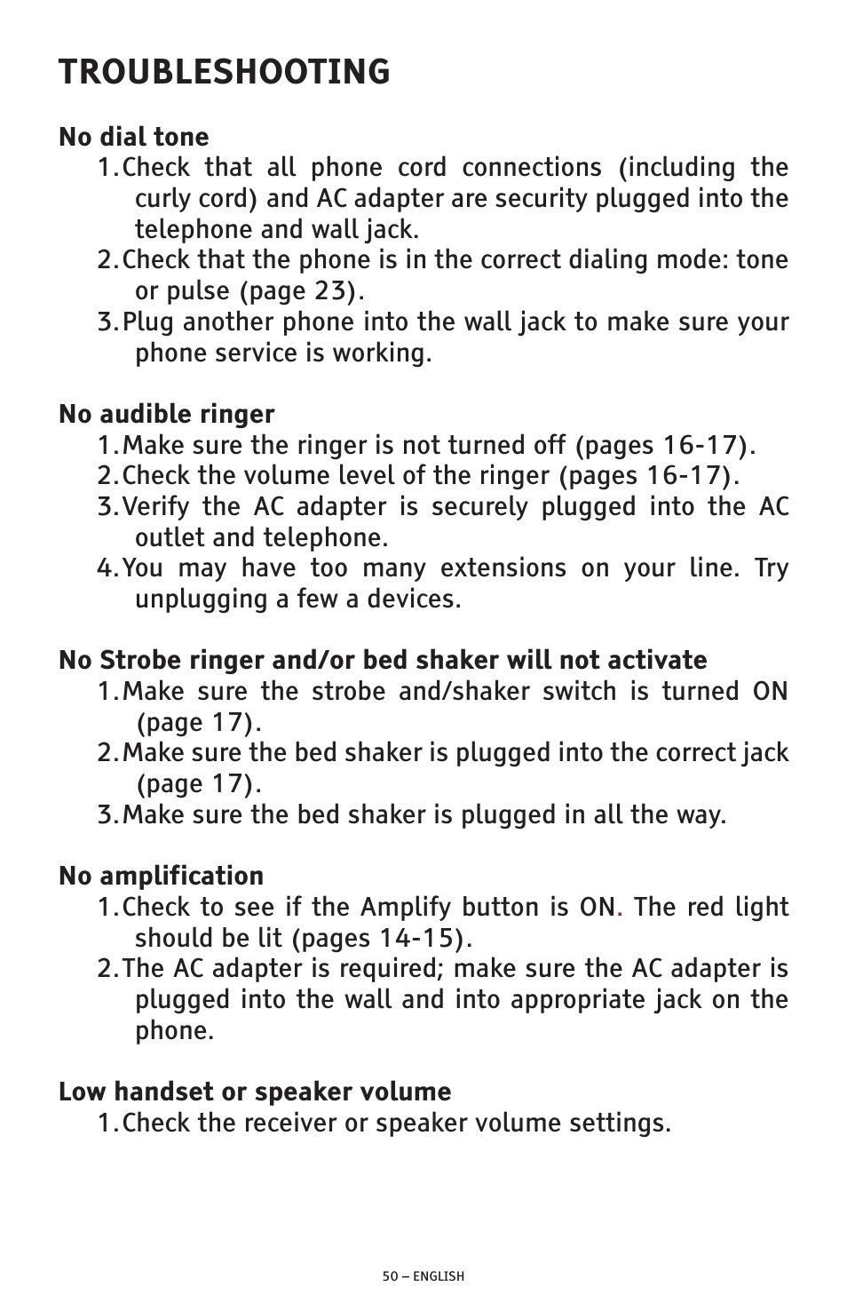 Troubleshooting | ClearSounds AMPLIFIED FREEDOM PHONE WITH FULL CLEARDIGITAL POWER CSC1000 User Manual | Page 50 / 180