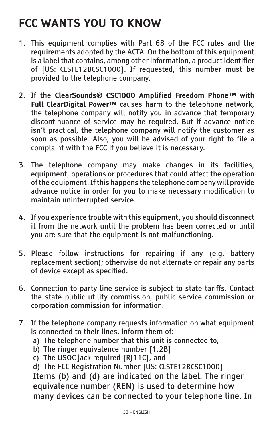 Fcc wants you to know | ClearSounds AMPLIFIED FREEDOM PHONE WITH FULL CLEARDIGITAL POWER CSC1000 User Manual | Page 53 / 180