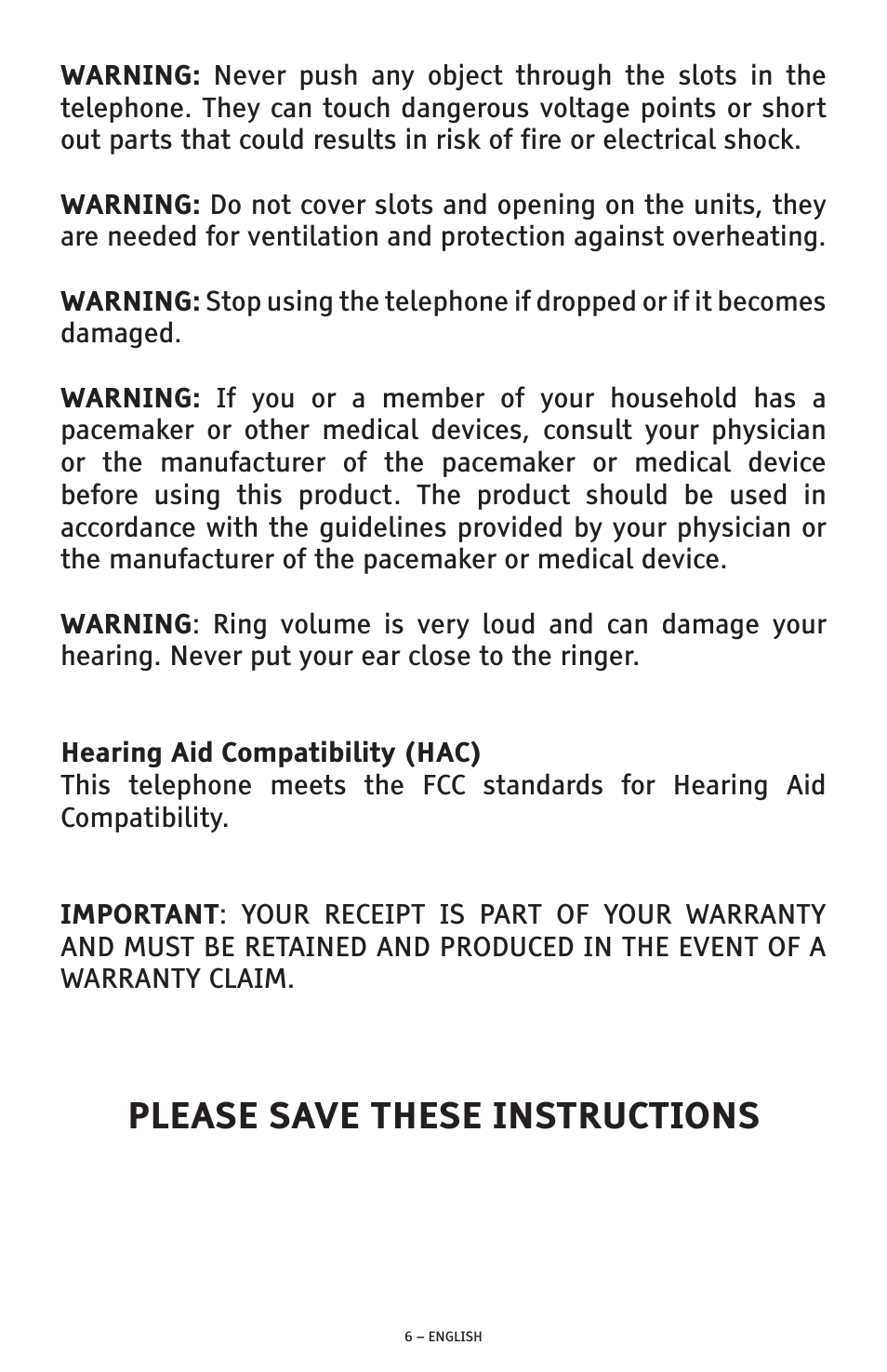 Please save these instructions | ClearSounds AMPLIFIED FREEDOM PHONE WITH FULL CLEARDIGITAL POWER CSC1000 User Manual | Page 6 / 180