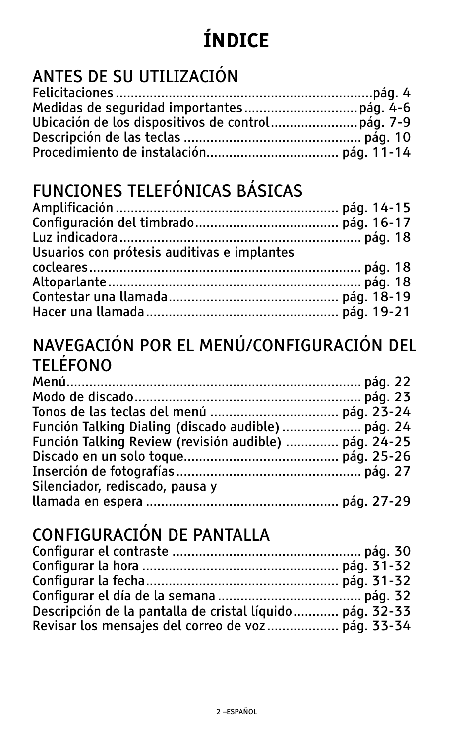 Índice, Antes de su utilización, Funciones telefónicas básicas | Navegación por el menú/configuración del teléfono, Configuración de pantalla | ClearSounds AMPLIFIED FREEDOM PHONE WITH FULL CLEARDIGITAL POWER CSC1000 User Manual | Page 62 / 180