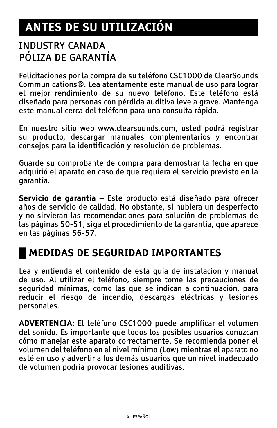 Antes de su utilización, Industry canada póliza de garantía, Ű medidas de seguridad importantes | ClearSounds AMPLIFIED FREEDOM PHONE WITH FULL CLEARDIGITAL POWER CSC1000 User Manual | Page 64 / 180