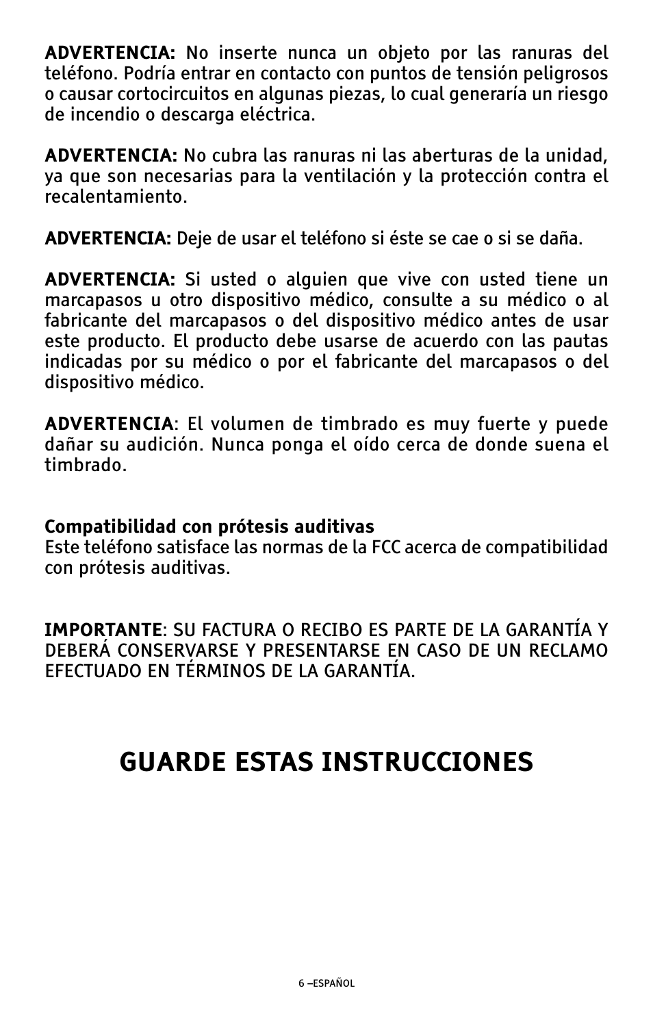 Guarde estas instrucciones | ClearSounds AMPLIFIED FREEDOM PHONE WITH FULL CLEARDIGITAL POWER CSC1000 User Manual | Page 66 / 180