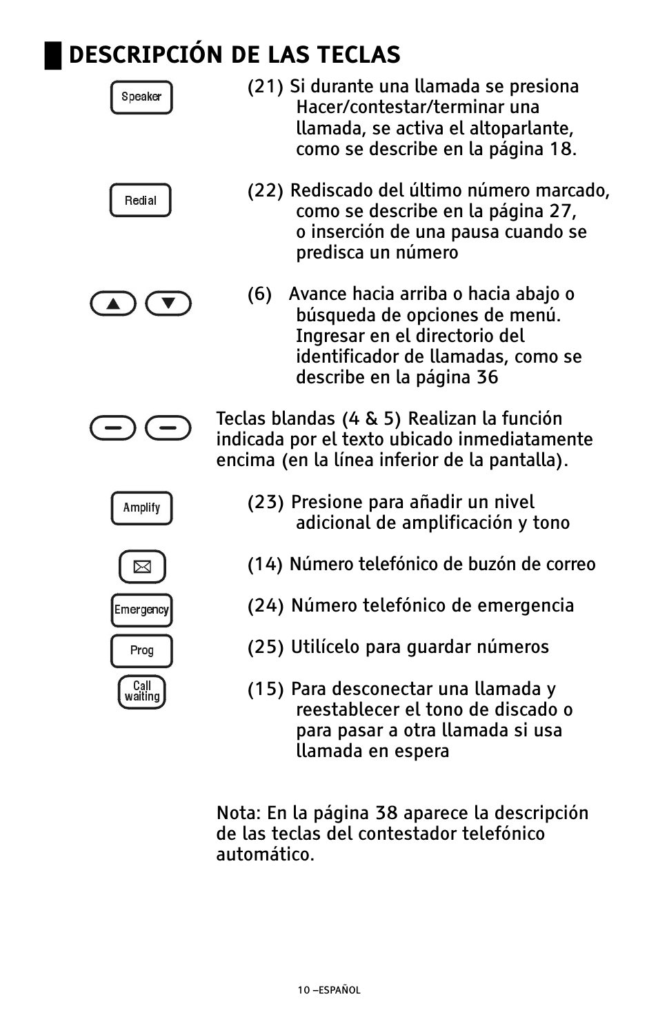 Ű descripción de las teclas | ClearSounds AMPLIFIED FREEDOM PHONE WITH FULL CLEARDIGITAL POWER CSC1000 User Manual | Page 70 / 180