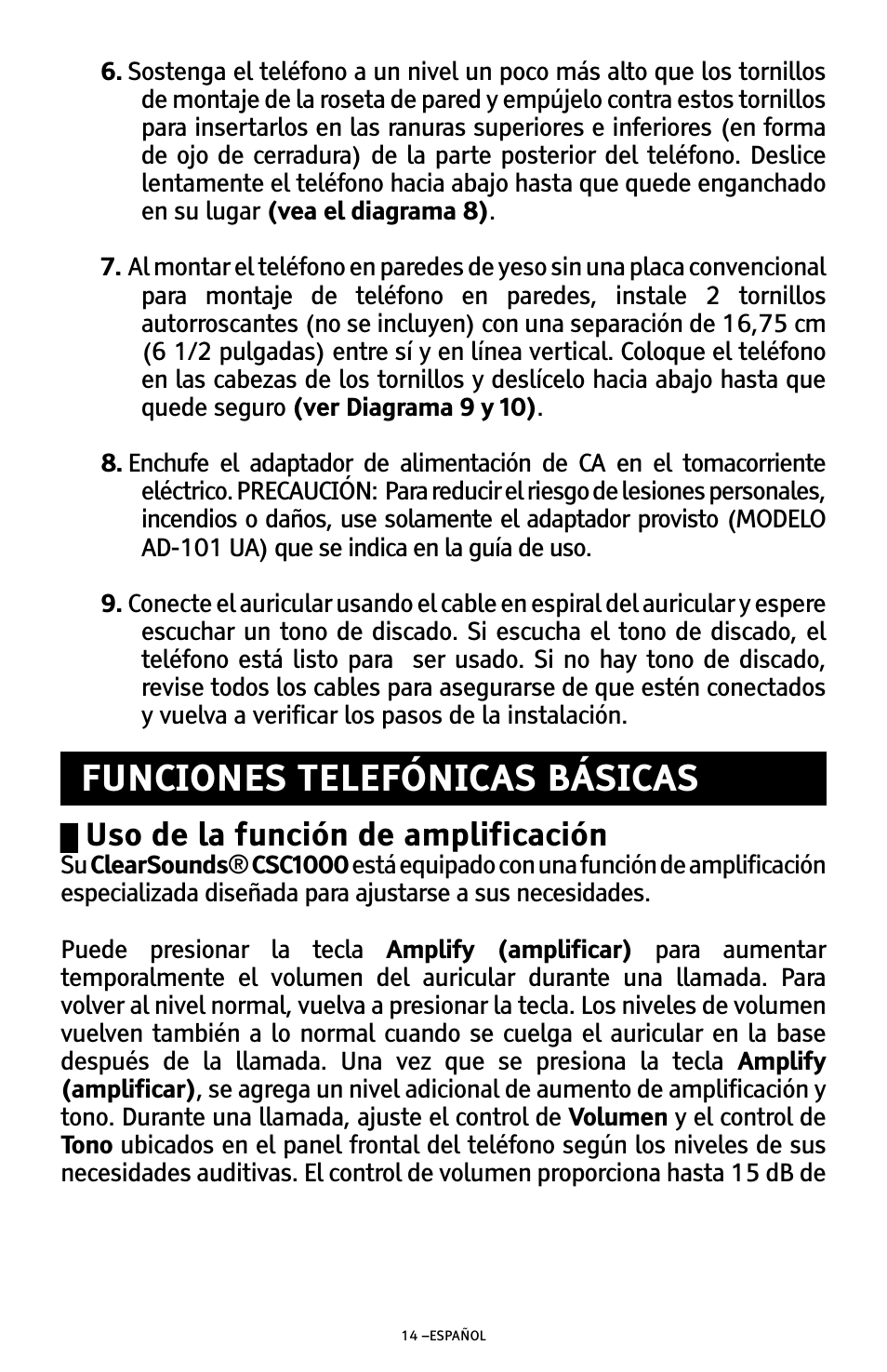 Funciones telefónicas básicas, Uso de la función de amplificación | ClearSounds AMPLIFIED FREEDOM PHONE WITH FULL CLEARDIGITAL POWER CSC1000 User Manual | Page 74 / 180