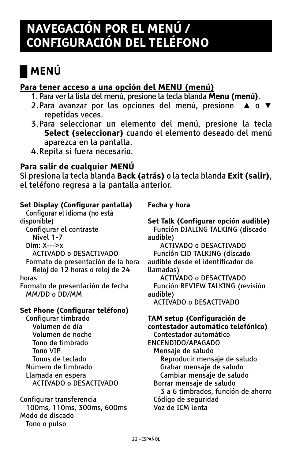 Ű menú | ClearSounds AMPLIFIED FREEDOM PHONE WITH FULL CLEARDIGITAL POWER CSC1000 User Manual | Page 82 / 180