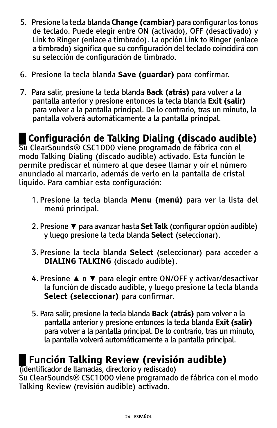Ű función talking review (revisión audible) | ClearSounds AMPLIFIED FREEDOM PHONE WITH FULL CLEARDIGITAL POWER CSC1000 User Manual | Page 84 / 180