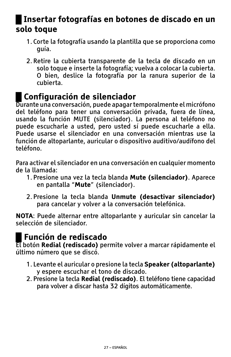 Ű configuración de silenciador, Ű función de rediscado | ClearSounds AMPLIFIED FREEDOM PHONE WITH FULL CLEARDIGITAL POWER CSC1000 User Manual | Page 87 / 180