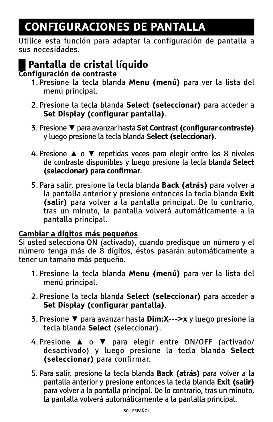 Configuraciones de pantalla, Ű pantalla de cristal líquido | ClearSounds AMPLIFIED FREEDOM PHONE WITH FULL CLEARDIGITAL POWER CSC1000 User Manual | Page 90 / 180