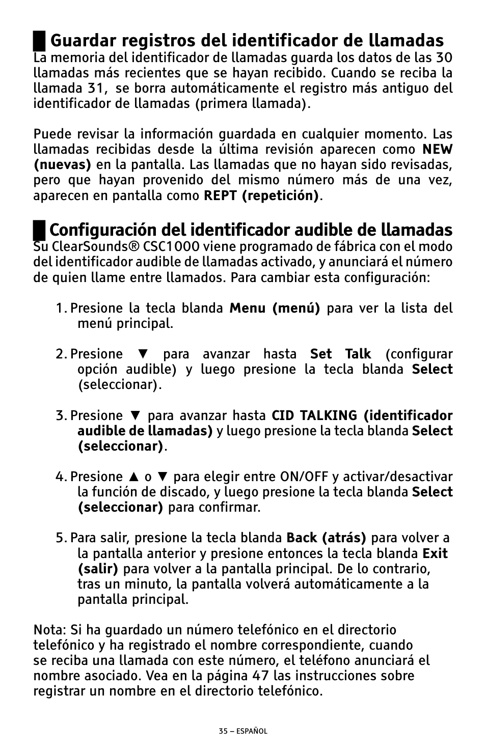 Ű guardar registros del identificador de llamadas | ClearSounds AMPLIFIED FREEDOM PHONE WITH FULL CLEARDIGITAL POWER CSC1000 User Manual | Page 95 / 180