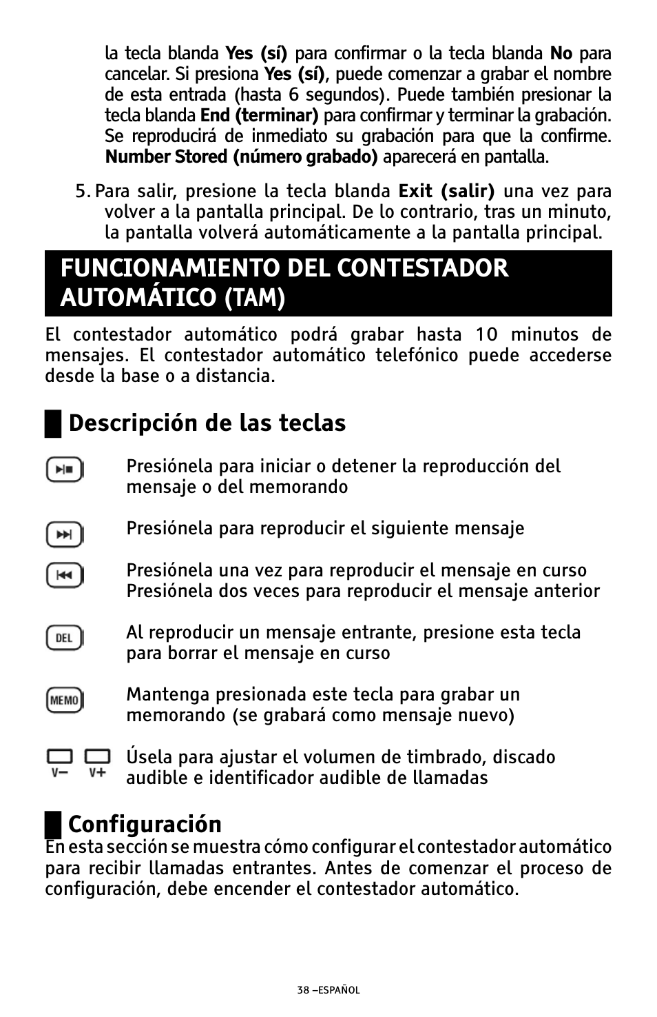 Funcionamiento del contestador automático (tam), Ű descripción de las teclas, Ű configuración | ClearSounds AMPLIFIED FREEDOM PHONE WITH FULL CLEARDIGITAL POWER CSC1000 User Manual | Page 98 / 180