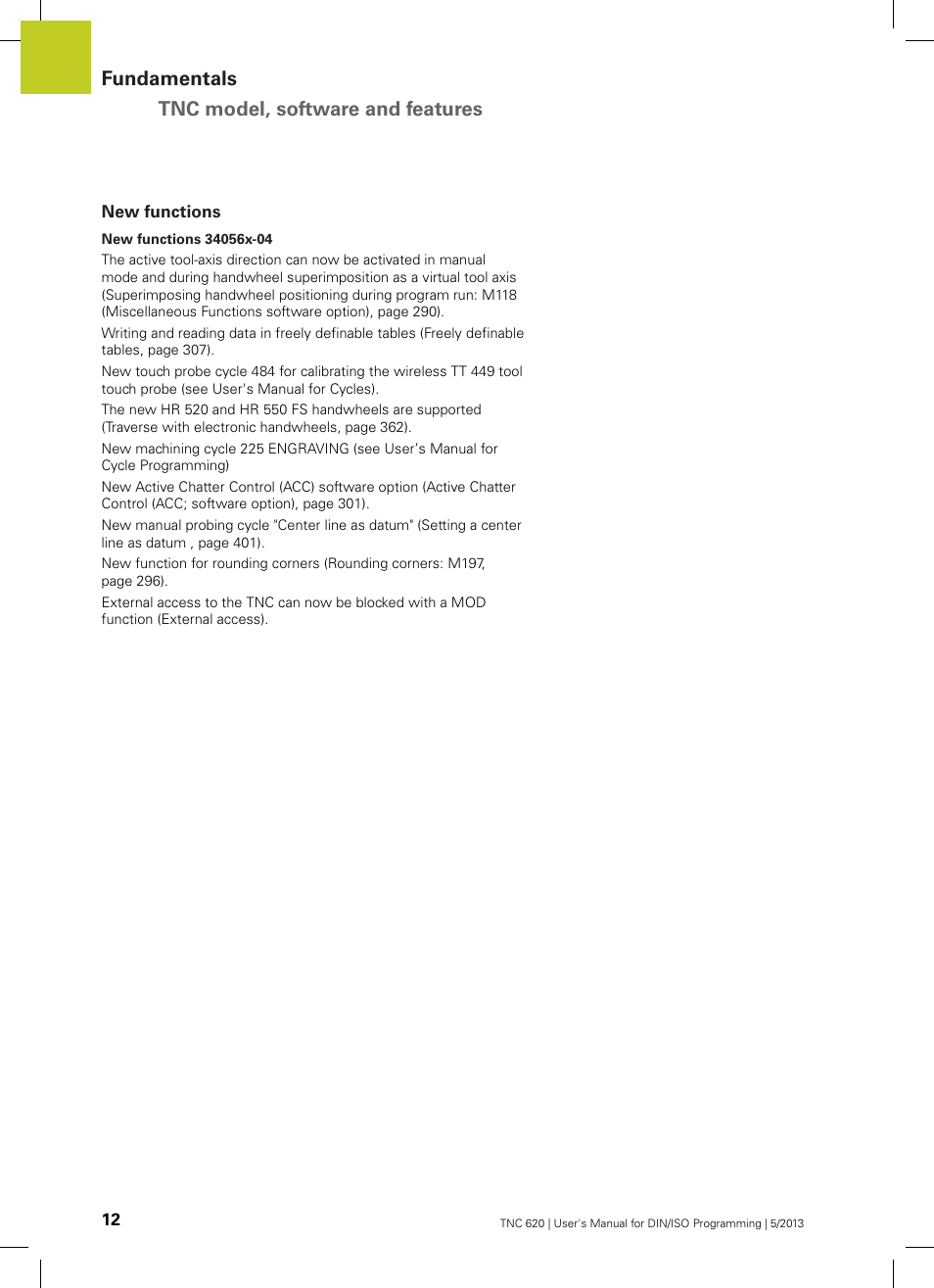 New functions, Fundamentals tnc model, software and features | HEIDENHAIN TNC 620 (34056x-04) ISO programming User Manual | Page 12 / 531