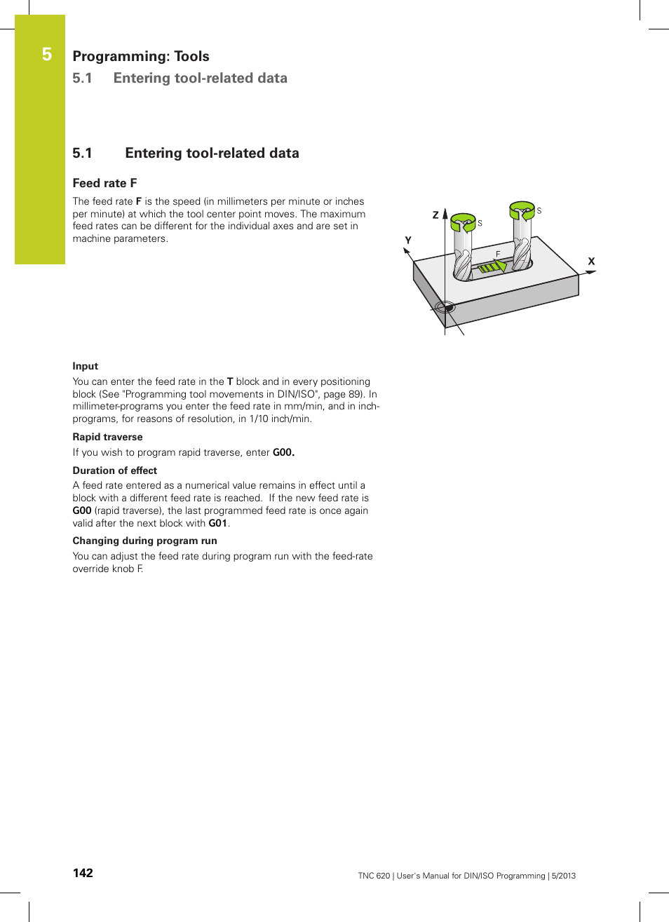 1 entering tool-related data, Feed rate f, Entering tool-related data | Programming: tools 5.1 entering tool-related data | HEIDENHAIN TNC 620 (34056x-04) ISO programming User Manual | Page 142 / 531