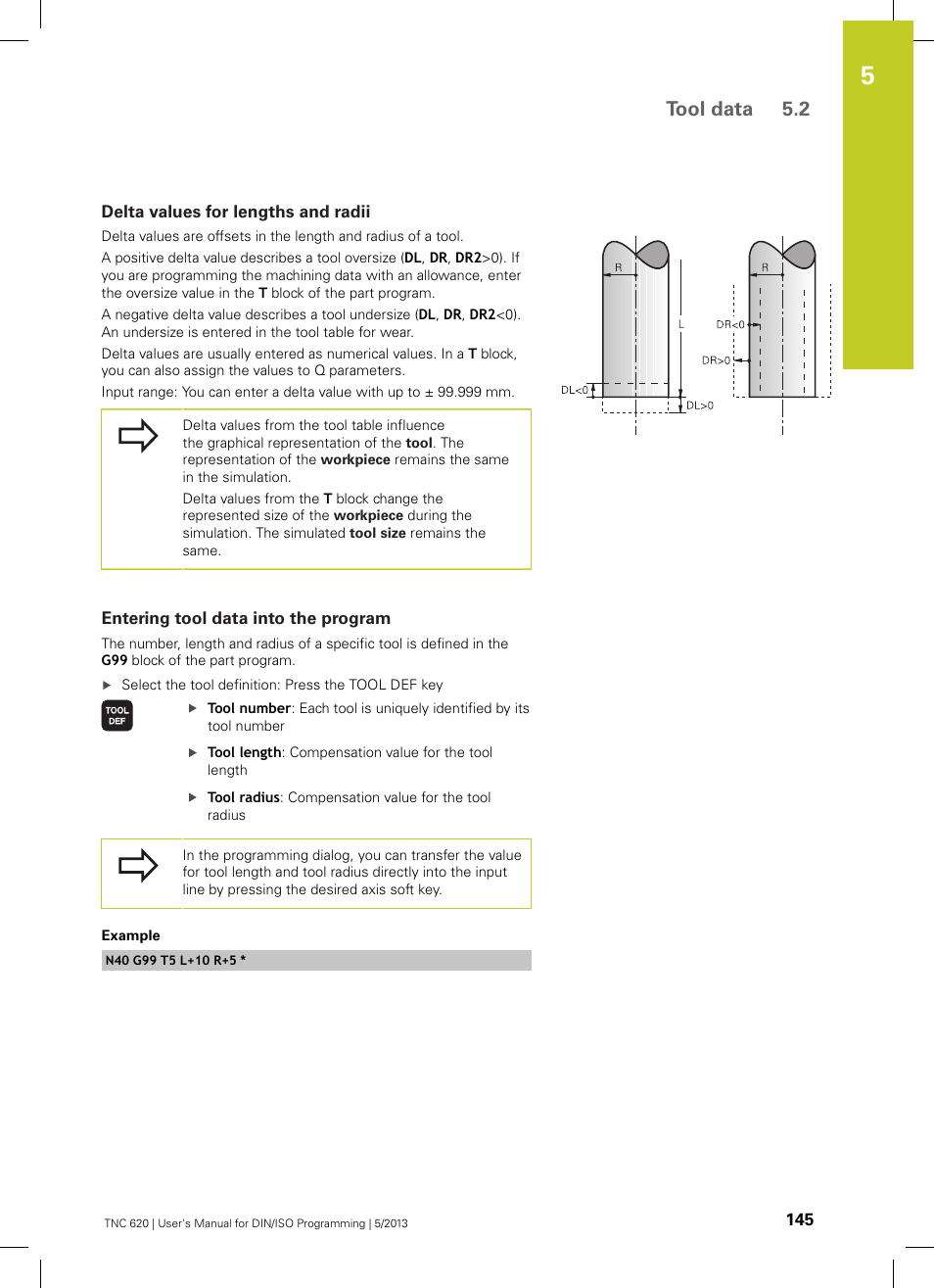 Delta values for lengths and radii, Entering tool data into the program, Tool data 5.2 | HEIDENHAIN TNC 620 (34056x-04) ISO programming User Manual | Page 145 / 531