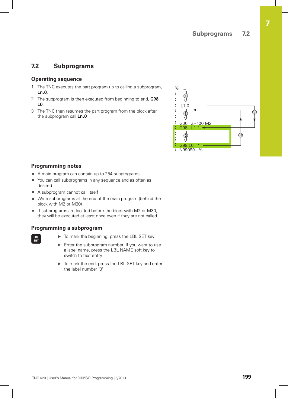 2 subprograms, Operating sequence, Programming notes | Programming a subprogram, Subprograms, Subprograms 7.2 | HEIDENHAIN TNC 620 (34056x-04) ISO programming User Manual | Page 199 / 531