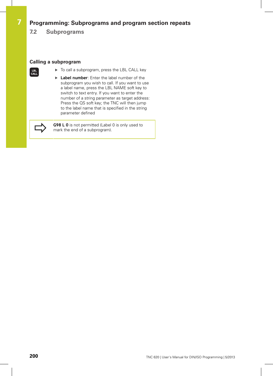 Calling a subprogram | HEIDENHAIN TNC 620 (34056x-04) ISO programming User Manual | Page 200 / 531