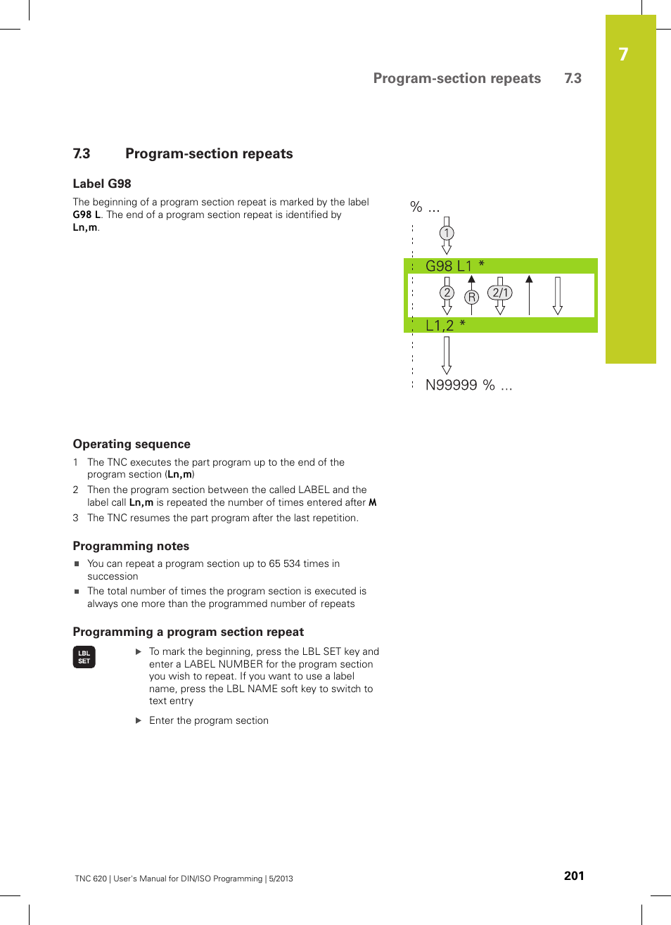 3 program-section repeats, Label g98, Operating sequence | Programming notes, Programming a program section repeat, Program-section repeats | HEIDENHAIN TNC 620 (34056x-04) ISO programming User Manual | Page 201 / 531