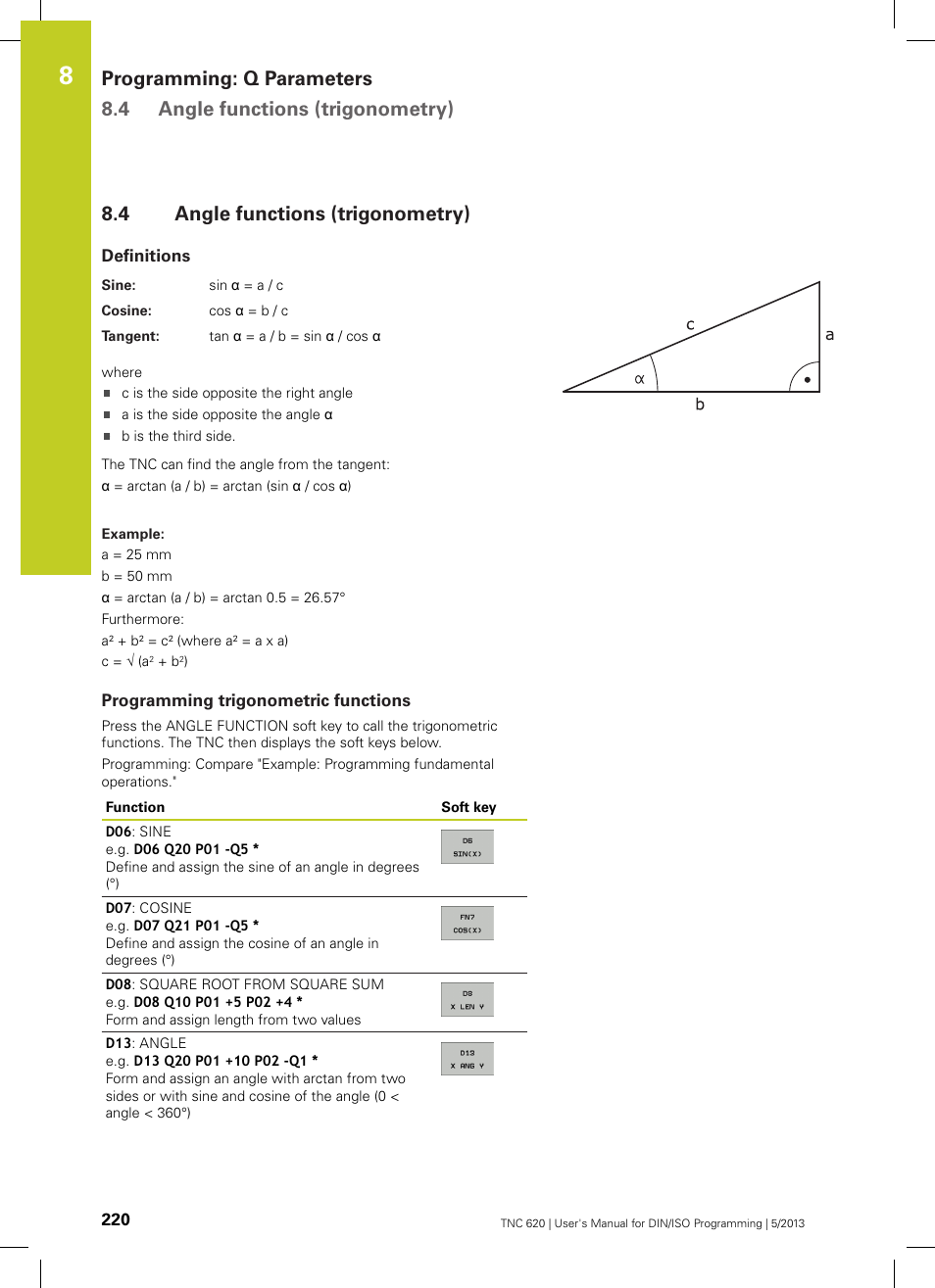 4 angle functions (trigonometry), Definitions, Programming trigonometric functions | Angle functions (trigonometry) | HEIDENHAIN TNC 620 (34056x-04) ISO programming User Manual | Page 220 / 531