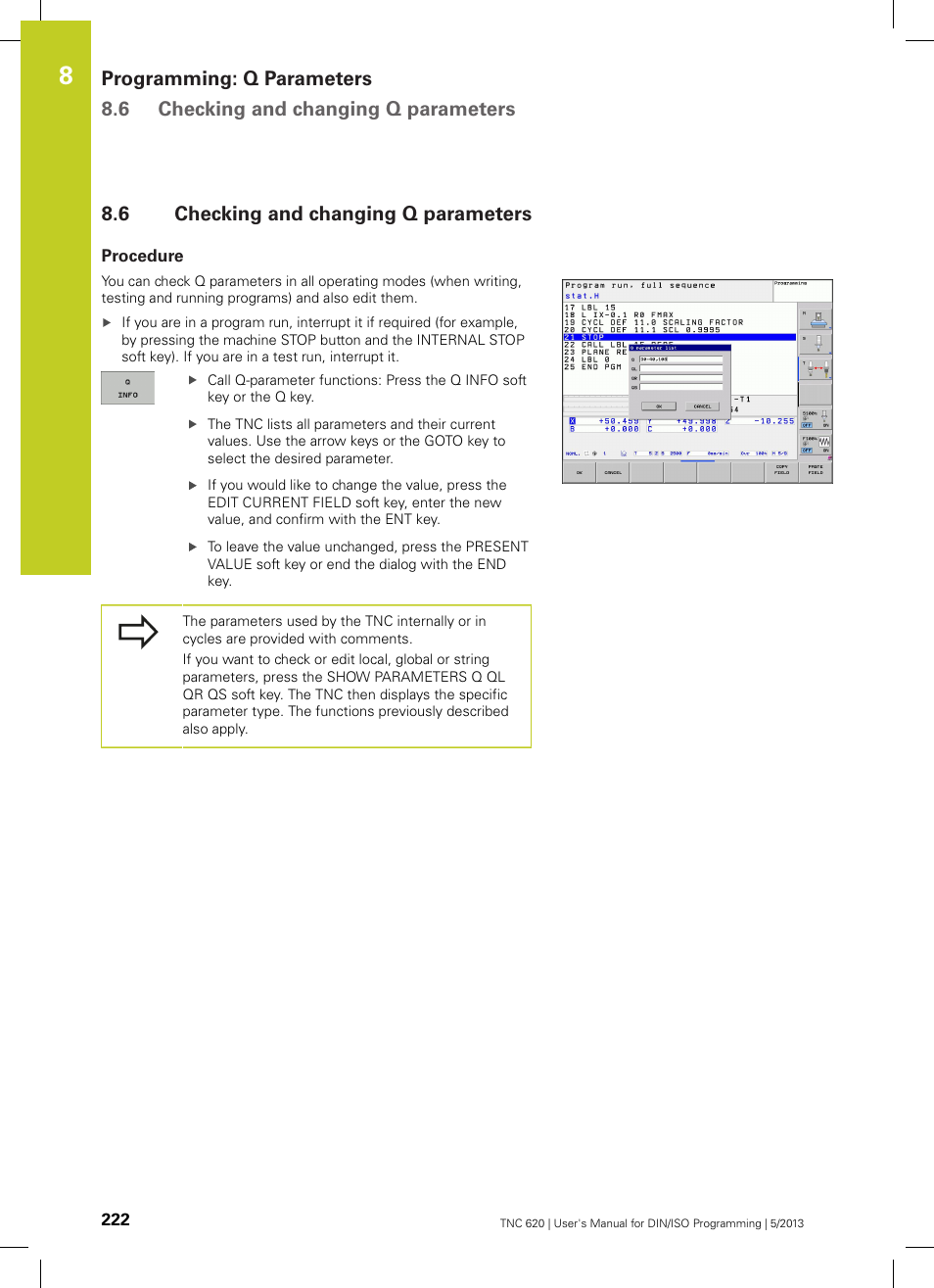 6 checking and changing q parameters, Procedure, Checking and changing q parameters | HEIDENHAIN TNC 620 (34056x-04) ISO programming User Manual | Page 222 / 531