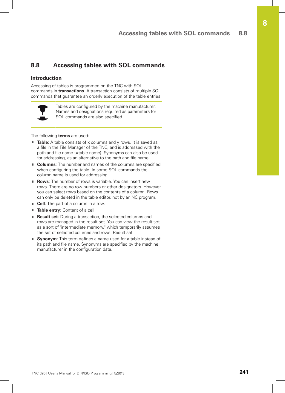 8 accessing tables with sql commands, Introduction, Accessing tables with sql commands | Accessing tables with sql commands 8.8 | HEIDENHAIN TNC 620 (34056x-04) ISO programming User Manual | Page 241 / 531