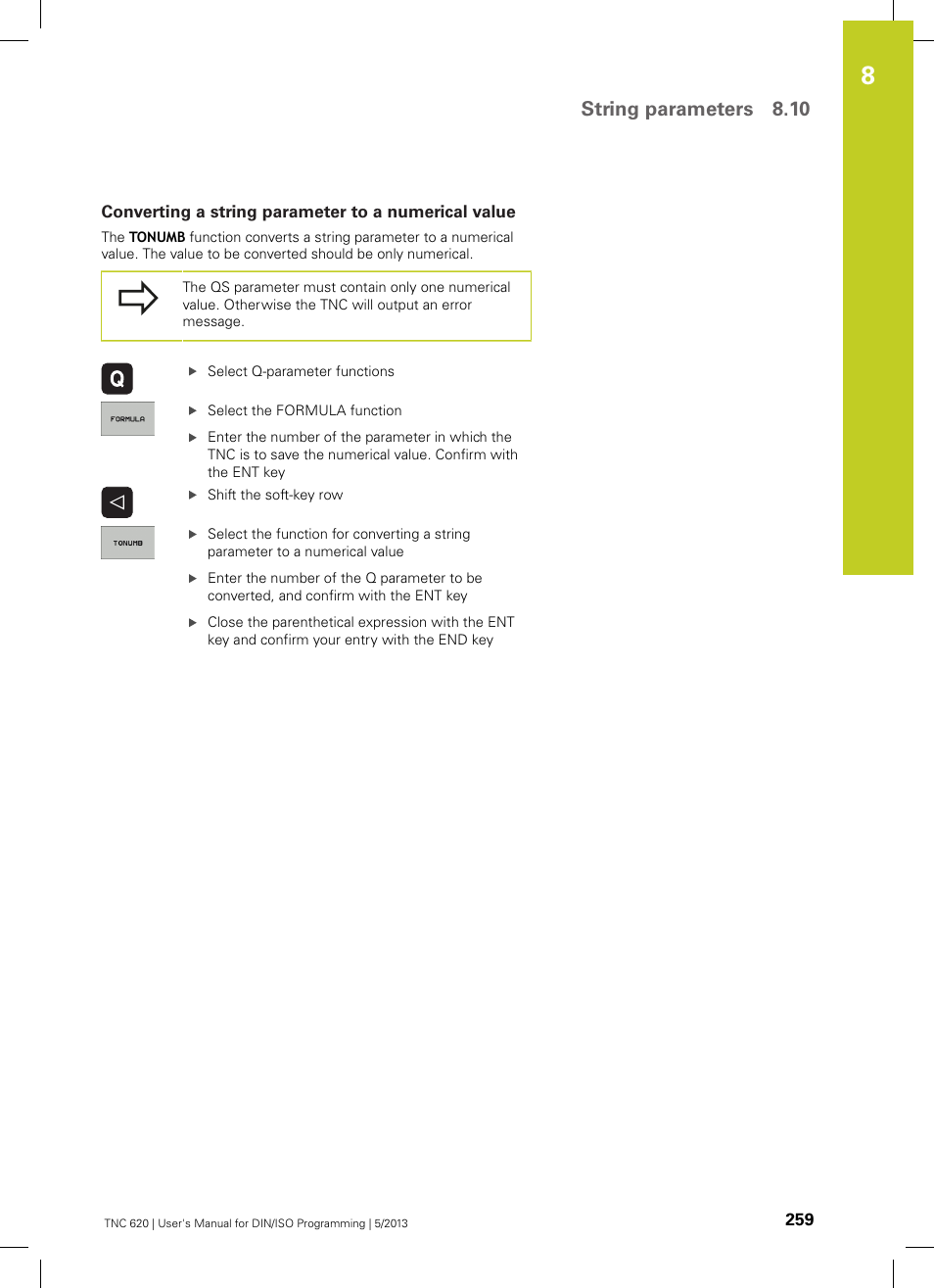 Converting a string parameter to a numerical value, String parameters 8.10 | HEIDENHAIN TNC 620 (34056x-04) ISO programming User Manual | Page 259 / 531