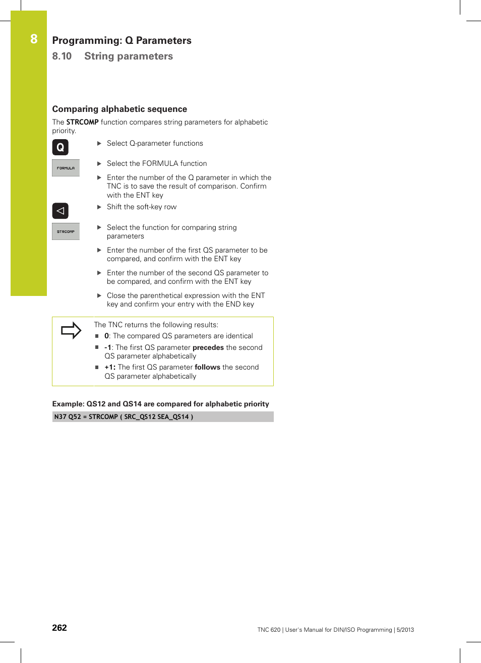 Comparing alphabetic sequence, Programming: q parameters 8.10 string parameters | HEIDENHAIN TNC 620 (34056x-04) ISO programming User Manual | Page 262 / 531
