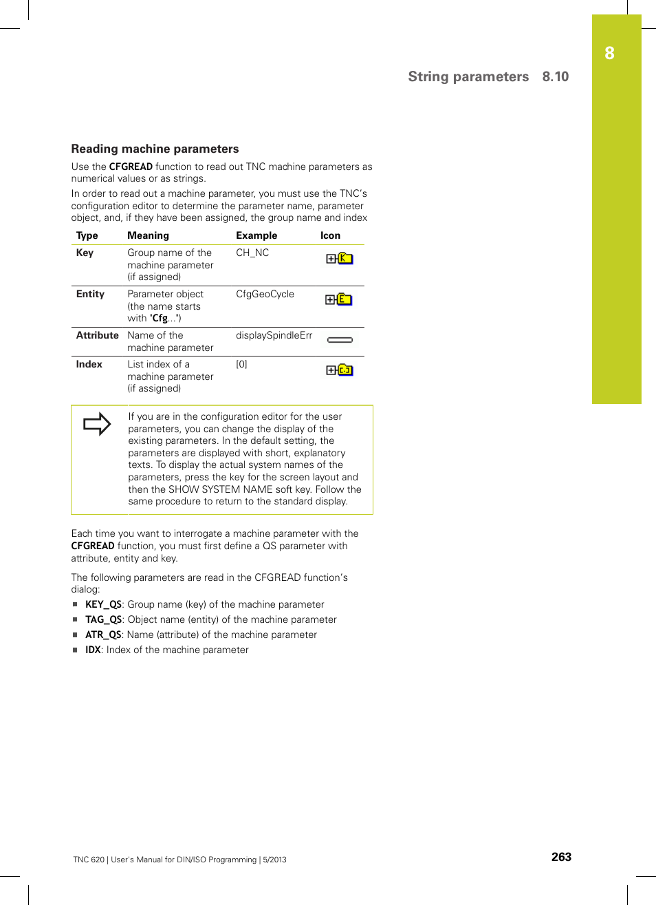Reading machine parameters, String parameters 8.10 | HEIDENHAIN TNC 620 (34056x-04) ISO programming User Manual | Page 263 / 531